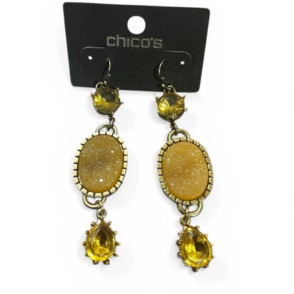 Chico’s Gold Tone Drop Earrings Yellow Stone Dangle Druzy Style Statement Boho